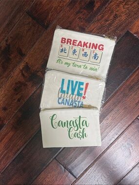 Canasta Cash & Game Canvas Zip Pouches - Cream with Green/Blue/Red Accents